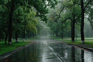 Fototapeta premium rainy park road, serene landscape, lush green trees, tranquil atmosphere, rainy weather, wet pavement, nature background, peaceful scenery, reflective surfaces, outdoor setting, soft focus, tranquil