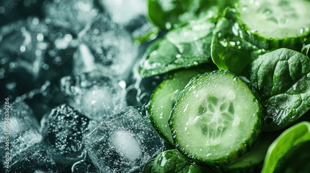 Aufkleber refreshing close-up image of cucumber slices and spinach leaves with ice cubes, highlighting freshne