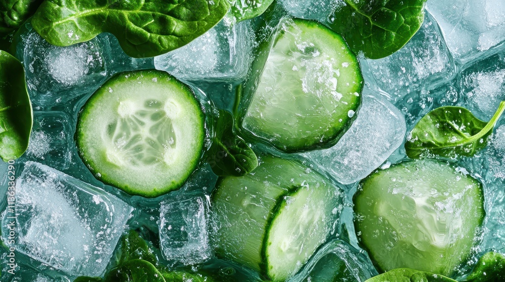 Poster cucumbers placed on ice cubes with spinach leaves, creating a visually refreshing and crisp composit