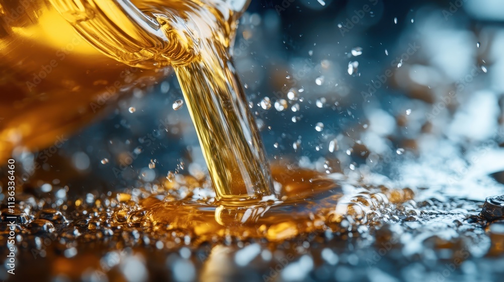 Poster an artistic image of golden liquid flowing onto a textured surface, highlighted by sparkling droplet