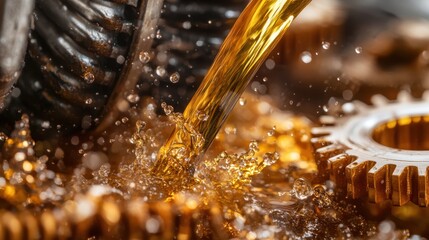 A striking image portraying a stream of golden oil cascading onto interlocked gears, highlighting the elegance and precision of industrial fluids in motion.