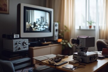 A vintage projector and reels sit on a table in a nostalgic living room, where an old movie plays on a retro TV, evoking memories of past eras.