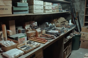 A dimly lit workshop filled with neatly organized tools and vintage boxes exudes an atmosphere of craft, precision, and dedication.