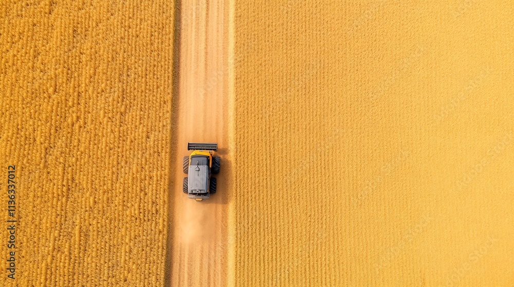 Poster automated farming:combine harvester navigating lush wheat field in countryside