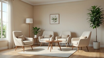 Fototapeta premium guest house with a minimalist design has white armchairs, cartoon 3d