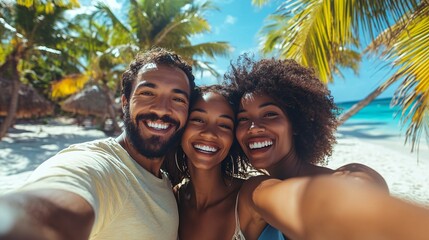 Happy friends taking selfie on tropical beach under palm trees