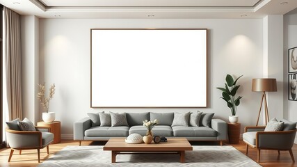 A mockup of a modern living room wall art design featuring a blank canvas for customization, template, decoration