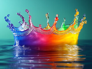 A vibrant splash of rainbow liquid captured as it collides with clear water, forming a visually stunning, high-definition scene with ripples reflecting every hue