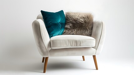 Pair of accent pillows on a cozy armchair, isolated on a clean white background.