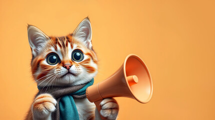 Fototapeta premium Adorable Cat with Megaphone in Scarf, Playful Expression isolated on plain background, copy space