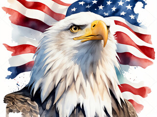 A patriotic illustration featuring a majestic bald eagle against a waving American flag, painted in a colorful watercolor style with artistic splashes.  

