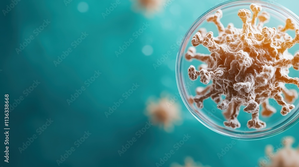 Poster a close-up view of a virus-like structure against a blue background, emphasizing the intricacies of 