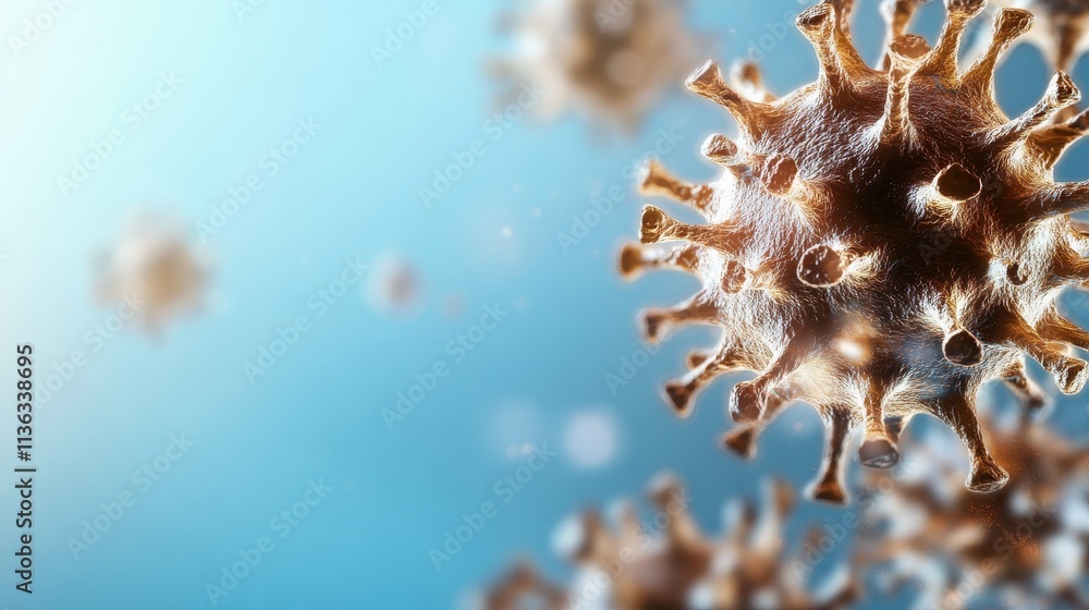 Poster a detailed image showing the structure of a virus particle with a blurred blue background, highlight
