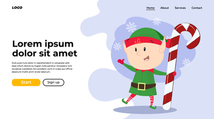 Christmas elf design element for landing page. Illustration of elf in green costume holding candy cane and dancing. Christmas, fairy tales, celebration can be used for website or banner