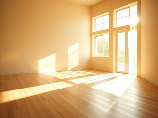 Fototapeta premium Empty beige room bathed in warm and golden sunlight streaming through large glass windows on wood linoleum floor