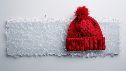 A frosted glass signboard edged with ice crystals, adorned with a red knitted winter hat, hat features a playful pompom