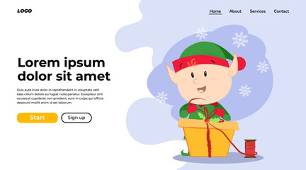 Christmas elf landing page design. Illustration of elf in green costume holding gift box. Christmas, fairy tales, celebration can be used for website and banner design