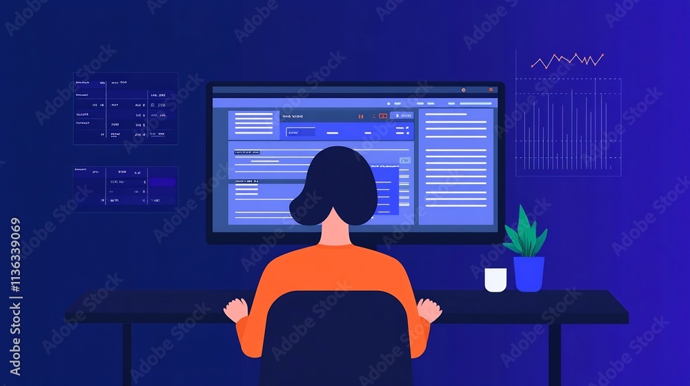 Poster person reviewing financial data and accounting software on desktop computer