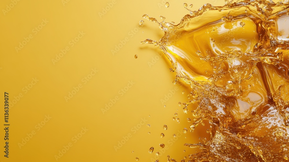 Poster captured in this image is a dynamic splash of golden liquid set against a vibrant yellow canvas, evo