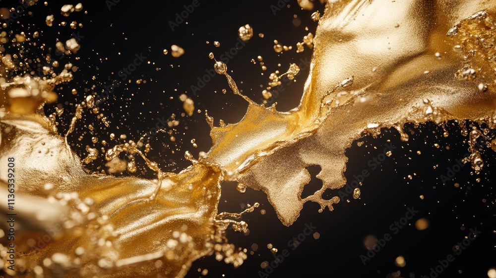Poster a dynamic abstract image capturing a splash of gold frozen in mid-air against a black background, il