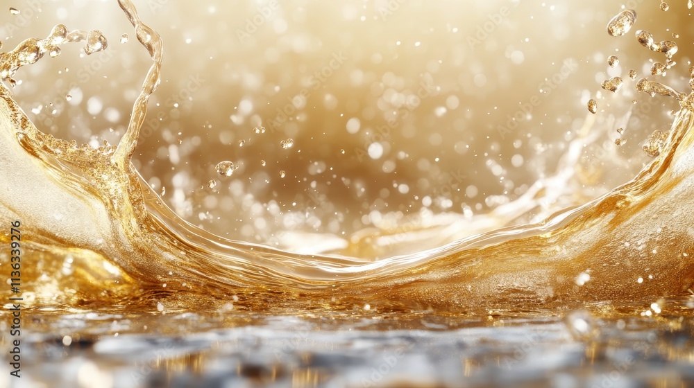 Poster an enchanting scene of golden splashes with a sparkling reflection on water, highlighting the interp