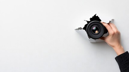 Hand showcases an exquisite camera lens through a creative tear in white paper against a solid backdrop