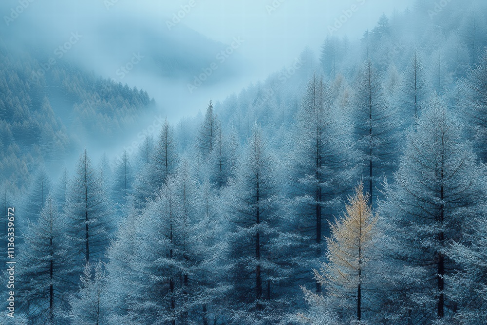 Poster winter mists create a serene atmosphere in a forest covered with frost