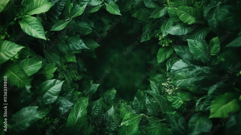 Poster a stunning display of vibrant green leaves arranged in a circular pattern, showcasing the lushness a