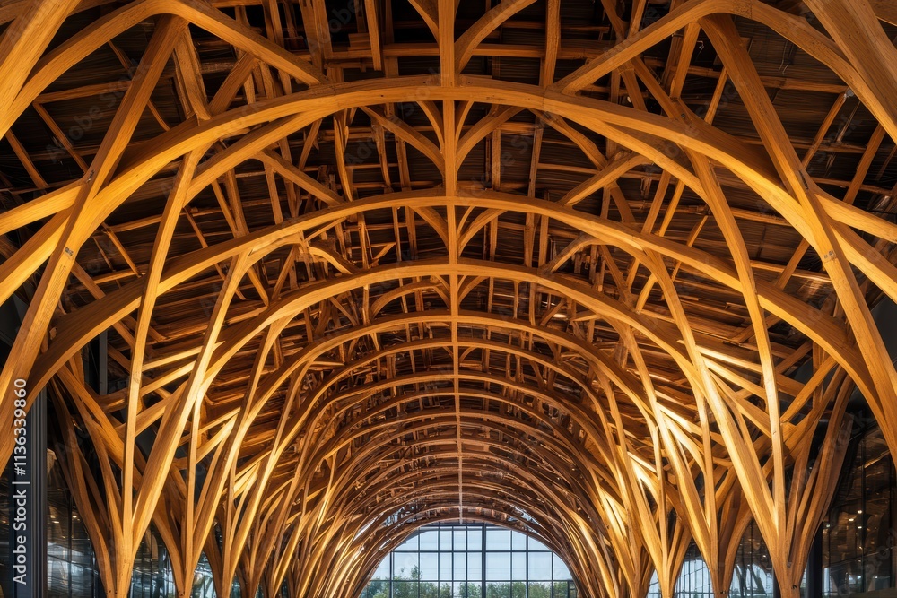 Poster wooden beams create an intricate roof structure in modern architecture design