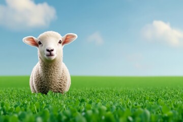 Fototapeta premium A close-up of a ewe nibbling on fresh clover in a grassy field with a soft focus on nearby plants