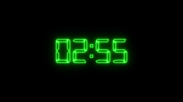 Three minutes countdown timer with milliseconds on black background. Glowing neon Countdown, three  minutes neon countdown. 