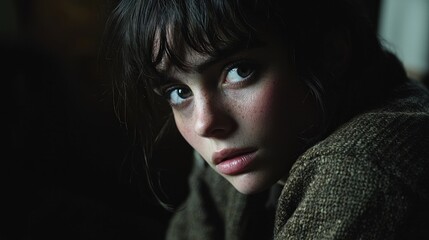 Captivating Portrait of a Young Woman with Intense Expression, Natural Light Emphasizing Freckles and Textured Sweater in a Dimly Lit Setting