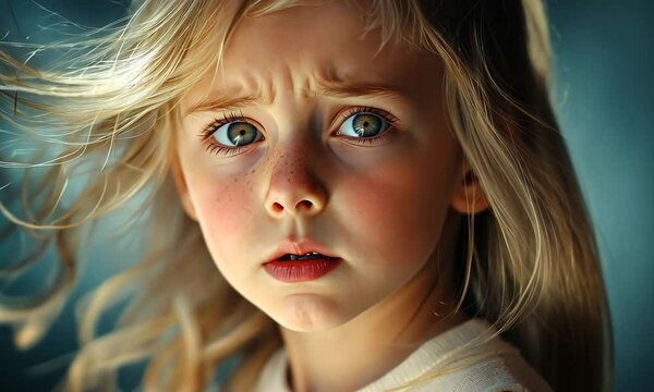 6 year old girl, beautiful blonde with light eyes with a sad expression, she is crying and throwing a tantrum