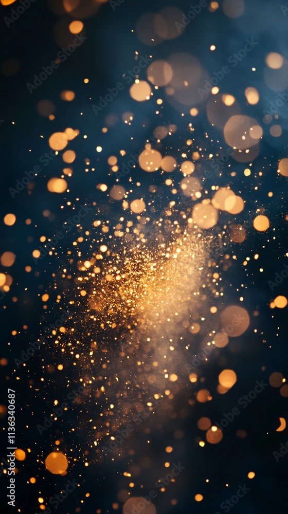 Aufkleber Golden particles exploding creating a sparkling bokeh effect on dark background