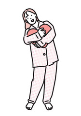 シンプル　イラスト　ハートのクッションを抱きしめるパジャマの若い女性