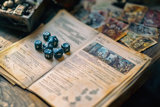 An open tabletop holds worn role-playing game books and dice, capturing a sense of nostalgia and adventure within worlds of imagination.