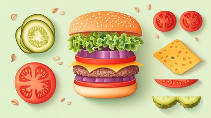 Colorful stacked burger with fresh vegetables and cheese, slices of tomatoes, cucumbers, pickles, sesame seeds