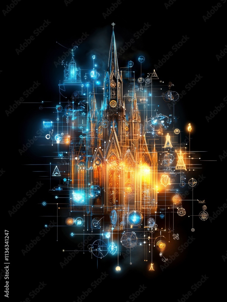 Aufkleber gothic cathedral illuminated with digital network and engineering design.