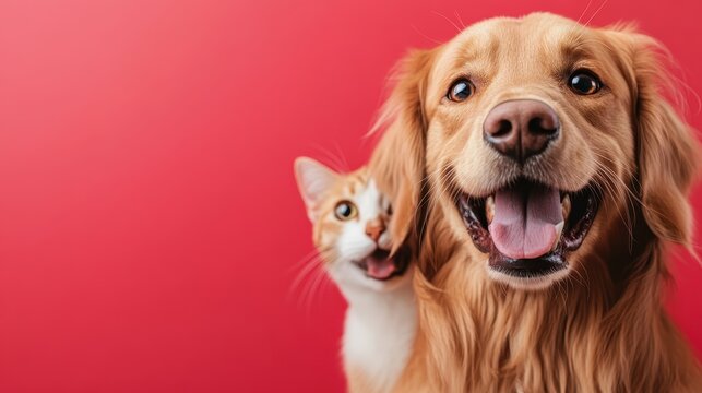 A happy golden retriever and a playful cat smile together in front of a vibrant red background, showcasing friendship and joy in a colorful setting.
