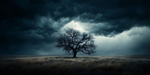 Isolated Tree Under Dramatic Dark Storm Clouds with Lightning