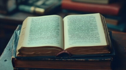 Open antique book on a stack of old books.