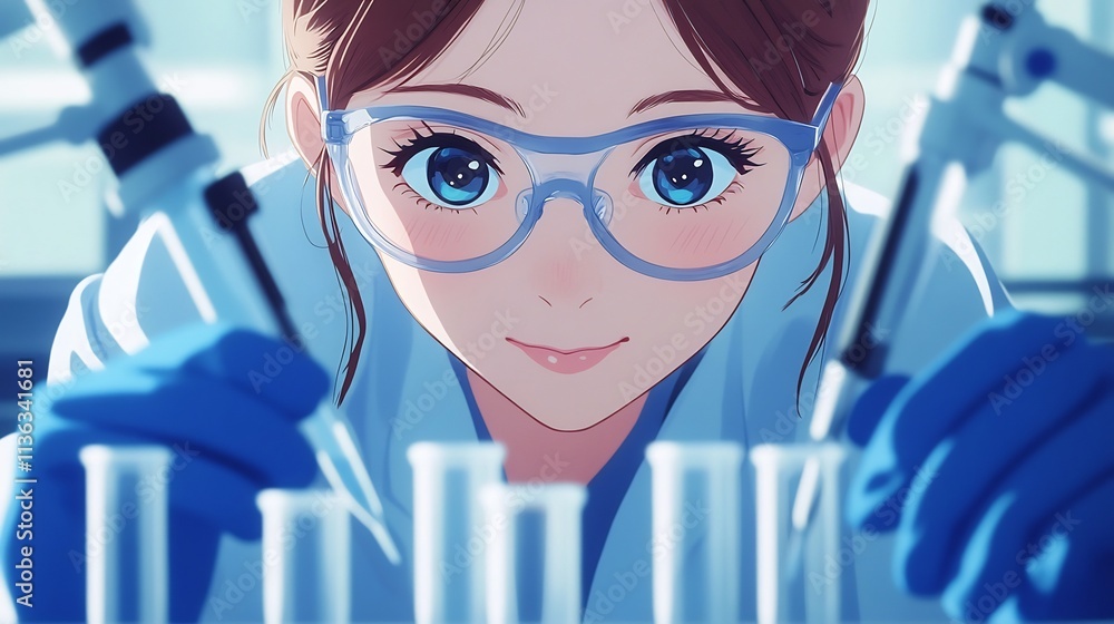 Poster close-up view of scientist measuring nanomaterial conductivity in laboratory