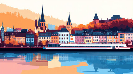 Obraz premium Illustration, Cityscape of Koblenz at the Moselle and Rine, Germany, touristic advertisement poster. Must-see touristic spot ,Mockup for touristic poster, advertisement. Beautiful travel destination, 