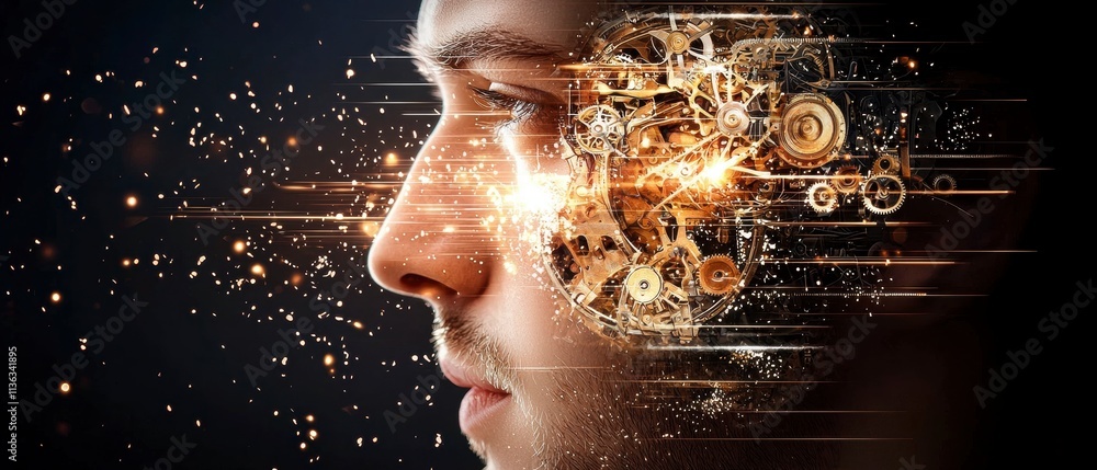Poster man's face transformed into a clockwork mechanism.