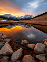 Beautiful sunset over tranquil mountain lake
