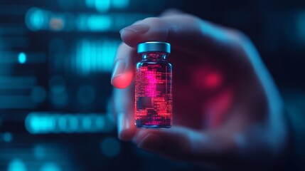 Researcher Examining Nanomaterial Particles with Digital Interface Displaying Data