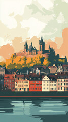 Fototapeta premium Illustration, Cityscape of Koblenz at the Moselle and Rine, Germany, touristic advertisement poster. Must-see touristic spot ,Mockup for touristic poster, advertisement. Beautiful travel destination, 