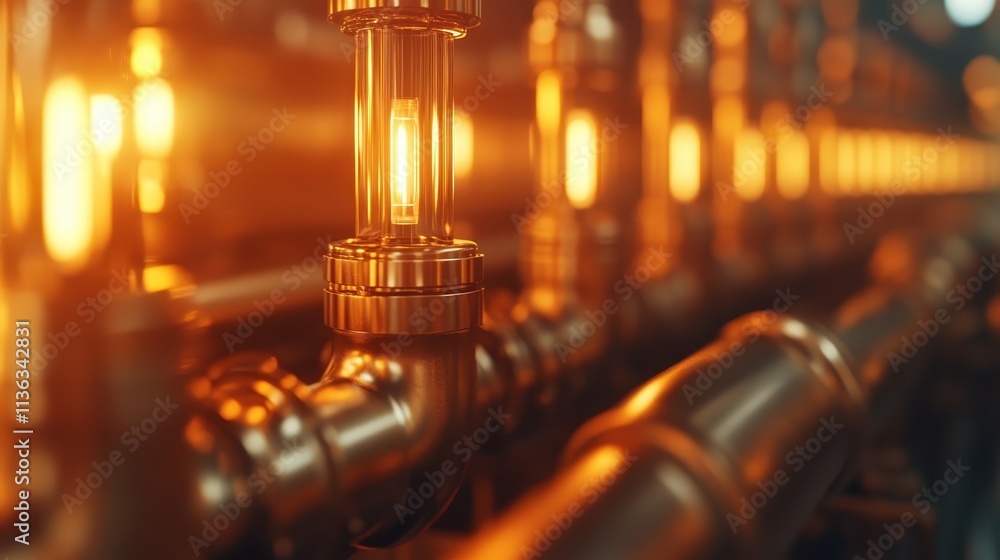 Poster a row of industrial pipes and gauges gleaming warmly is captured, creating a sense of innovation and