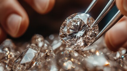 A close-up of sparkling diamonds being expertly handled with precision tools highlights the brilliance and exquisite craftsmanship emblematic of luxury and beauty.