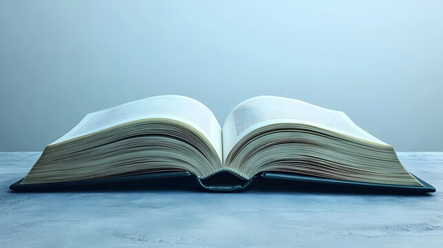 Open book on table, pages fanned.